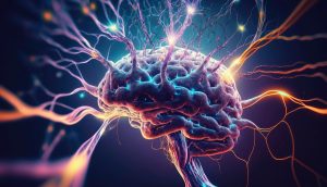 close up of human brain showing neurons firing and neural extens